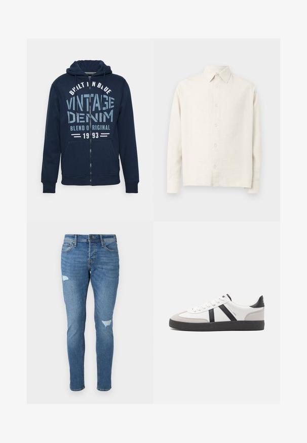 Marineblå zip-hoodie i en bomuldsblanding, med et grafisk tryk og teksten "VINTAGE DENIM" samt forlommer. Justerbar snøre i hætten.; Lys beige langærmet skjorte lavet af struktureret stof. Har en krave og knaplukning foran samt en ligefrem kant.; Fadede blå denim jeans med slim fit, der har slidte områder ved knæene, en knaplukning og fem-lomme design.; Hvide sneakers med sorte og grå detaljer, med en tekstureret grå tåhætte, sort gummisål og flade hvide snørebånd. Rent design, minimalistisk stil.