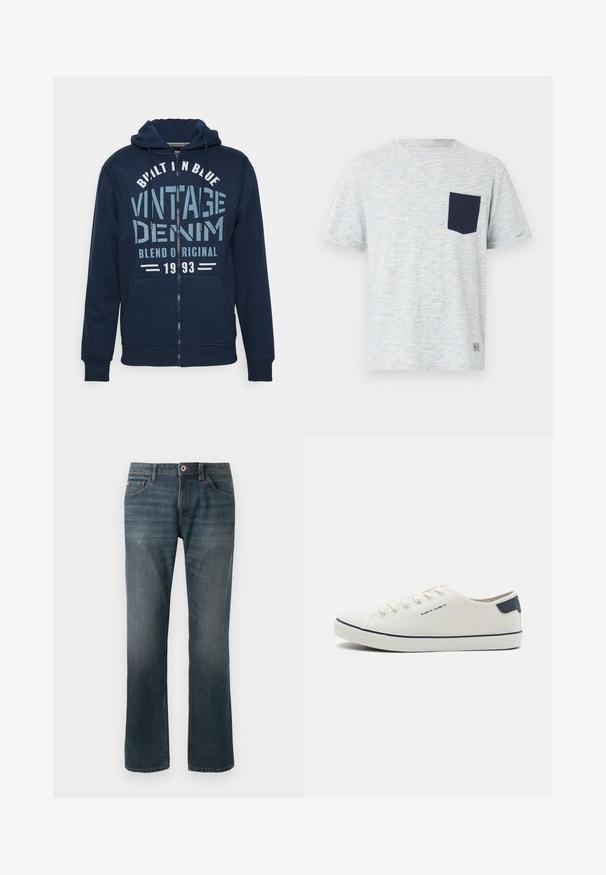 Námornícka mikina s zipsom vyrobená z bavlnenej zmesi, s grafickým potlačou a textom "VINTAGE DENIM" a prednými vreckami. Kapucňa s nastaviteľnou šnúrkou.; Svetlosivé tričko s krátkym rukávom s jemnými modrými škvrnami a jednofarebnou tmavomodrou náprsnou vreckom na ľavej strane.; Tmavomodré džínsy s rovnými nohavicami. Medzi vlastnosti patrí päť vreciek, kontrastné švy a zapínanie na gombík a zips vpredu.; Plátené tenisky v smotanovej farbe s námorníckymi akcentmi, s okrúlym prstom, viazaním na šnúrky a textúrovanou gumovou podrážkou. Jednoduchá a čistá estetika.