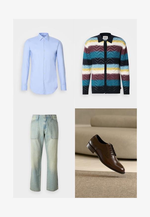 Strik cardigan med et geometrisk mønster med skiftende striber i teal, burgunder, marineblå, gul og hvid, afsluttet med en krave og knapper.; Lys blå langærmet skjorte lavet af bomuld, med knaplukning foran, krave og rundet kant. Glat tekstur uden mønstre.; Lyseblå denim jeans med lige ben, synlig syning og to store forlommer. Stoffet har en falmet struktur.; Brun lædersko med tekstureret sidepanel og sorte snørebånd, svævende over et beige tæppe og sofa baggrund.