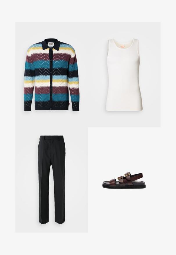 Pletený kardigan s geometrickým vzorom a striedajúcimi sa pruhmi v odtieňoch teal, burgundy, námorníckej modrej, žltej a bielej, dokončený golierom a gombíkmi.; Biely rebrovaný top bez rukávov s okrúhlym výstrihom a širokými ramienkami. Hladká textúra a priliehavý strih.; Čierne nohavice so strihom rovného nohavicu, vyrobené z hladkej látky. Majú plochý pás a žiadne viditeľné vzory ani ozdoby.; Hnedé kožené sandále s minimálnym dizajnom, ktoré majú dva nastaviteľné popruhy a zadný popruh. Majú čiernu gumenú podrážku pre lepšiu priľnavosť.