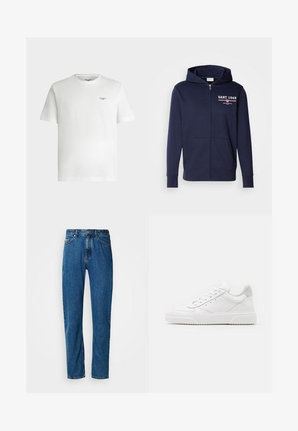 Navyblauwe rits hoodie van zacht weefsel, met een logo "GANT 1949" in het wit en rood. Inclusief voorzakken en een capuchon met trekkoord.; Wit T-shirt met korte mouwen en een ronde hals met een klein zwart tekstlogo "Marc O'Polo DENIM" op de bovenste linkerborst.; Blauwe rechte spijkerbroek met vijf zakken en een knoopsluiting aan de voorkant op een witte achtergrond.; Witte leren sneakers met een gladde afwerking, ronde neus, platte veters en een gestructureerde zool. Grijze suède accent bij de hiel.