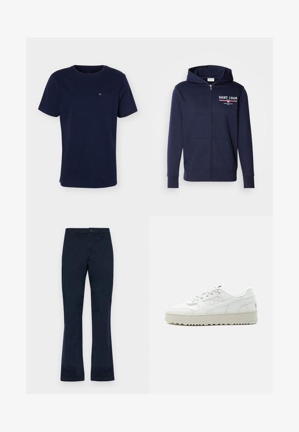Navyblauwe rits hoodie van zacht weefsel, met een logo "GANT 1949" in het wit en rood. Inclusief voorzakken en een capuchon met trekkoord.; Marineblauw T-shirt met korte mouwen en een ronde hals, met een borstzakje met een klein logo op een effen achtergrond.; Navyblauwe katoenen broek met een recht design, voorzien van een knoopsluiting aan de voorkant, riemlussen en twee zijzakken. Soepele textuur.; Witte lage sneaker met dikke zool, veters aan de voorkant, geperforeerde details en een gevoerde kraag op een effen lichtgrijze achtergrond.