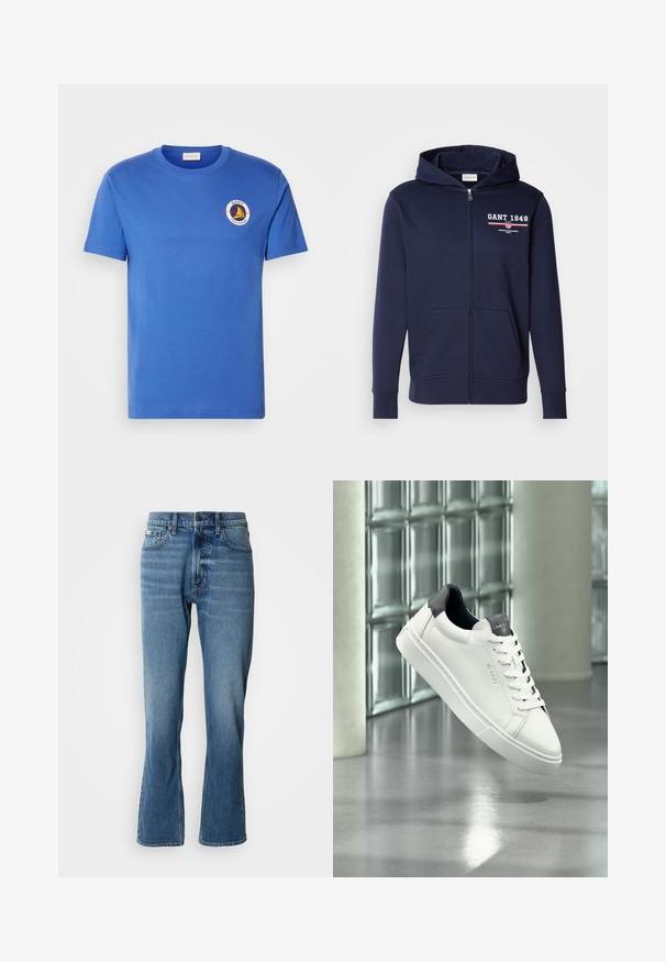 Marineblå zip-up hættetrøje lavet af blødt stof med et "GANT 1949" logo i hvid og rød. Inkluderer frontlommer og hætte med snor.; Blå bomulds t-shirt med korte ærmer, prydet med et rundt logo i hvid, gul og sort på venstre brystområde. Rund halsudskæring, normal pasform.; Lyseblå denim jeans med lige pasform og let flare. Har fem lommer, knaplukning og subtile slidte detaljer.; Hvid læder sneaker med sort hæl og tunge, snøredesign, GANT branding på siden og tungen, vist i moderne indendørs miljø.