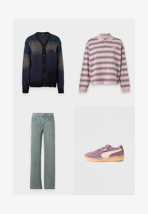 Geplooide cardigan met lange mouwen in gradaties van blauw, grijs en zwart, met een V-hals en geribbelde manchetten en onderrand.; Roze poloshirt met lange mouwen en zwarte en witte horizontale strepen, voorzien van een knoopsluiting met twee knopen en een klein geborduurd logo op de borst.; Lichtblauwe rechte jeans van denim, met vijf zakken, een knoop- en ritssluiting, en subtiele vervaging op de stof.; Paarse suède sneaker met een crèmekleurige leren streep, rubberen zool en gevoerde kraag. Voorzien van veters en branding op de tong.