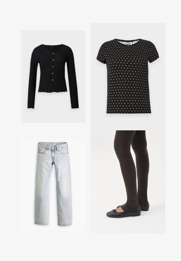 Sort langærmet cardigan i strikket stof med ribstrikket struktur, V-udskæring og fem dekorative knapper foran. Flosset kant.; Sort kortærmet t-shirt med hvide polkaprikker, rund halsudskæring og lige kant.; Lyseblå denimjeans med en afslappet pasform, høj talje og fem-lomme design. Har syning detaljer og knaplukning.; Ben iført mørke ribbede leggings kombineret med sorte balletsko med små sløjfedetaljer på hvid baggrund.