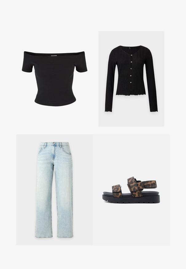 Cárdigan negro de manga larga en tejido de punto, con textura acanalada, escote en V y cinco botones decorativos en el frente. Bajo con borde festoneado.; Top negro sin mangas de tela acanalada, con mangas cortas y un diseño ajustado, con una textura suave y líneas limpias.; Vaqueros de pierna recta color azul claro con bolsillos delanteros, trabillas para el cinturón y cierre de botón sobre un fondo blanco liso.; Sandalia de plataforma negra con correas ajustables de estampado de leopardo marrón y negro y cierres de velcro sobre un fondo blanco.
