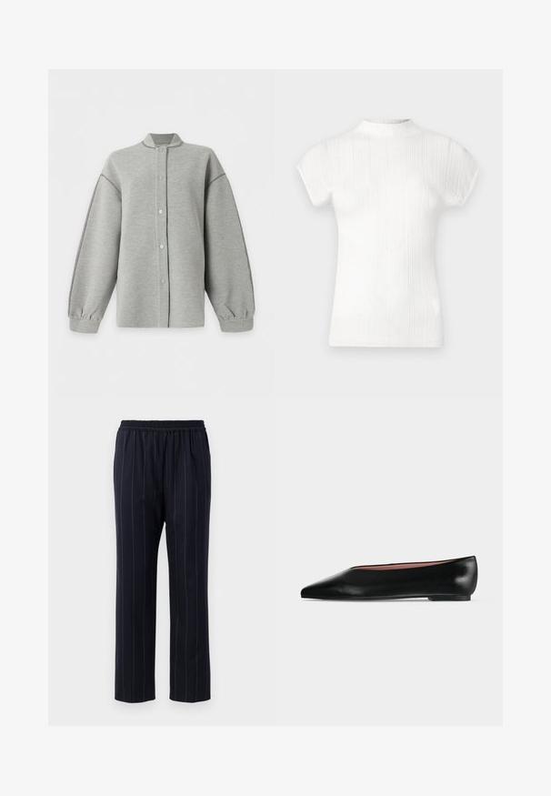 Chaqueta gris claro de manga larga con botones a presión, puños acanalados y un cuello corto de pie, mostrada sobre un fondo blanco liso.; Top blanco de manga corta con textura acanalada y cuello alto. Textura suave, diseño ajustado y líneas verticales sutiles. Transición sin costuras en los hombros.; Pantalones de color azul marino con rayas verticales, cinturilla elástica, diseño de pierna recta, textura suave y sin bolsillos visibles.; Zapato plano negro de cuero para mujer con punta puntiaguda y tacón bajo, mostrado de lado sobre un fondo liso gris claro.