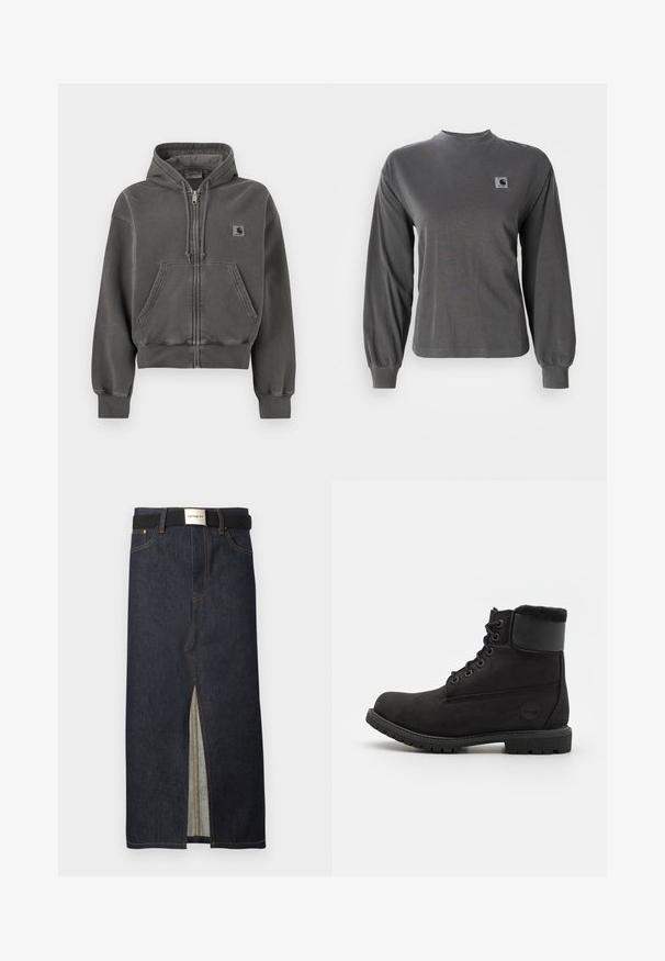 Tmavosivá mikina na zips s prednými vreckami, sťahovacou kapucňou, rebrovanými manžetami a malou nášivkou s logom Carhartt na hrudi.; Dlhý rukáv šedé tričko vyrobené z bavlny, má okrúhly výstrih a elastické manžety, s malým štvorcovým logom na hrudi.; Džínsová midi sukňa v tmavomodrej farbe s predným rozparkom. Má žlté švy a čierny opasok so striebornou prackou. Jednoduchý, rovný strih.; Čierna kožená členková čižma s okrúhlou špičkou, šnurovaním vpredu, umelou kožušinkou na golieri a gumovou podrážkou. Obsahuje značkový logo na boku.