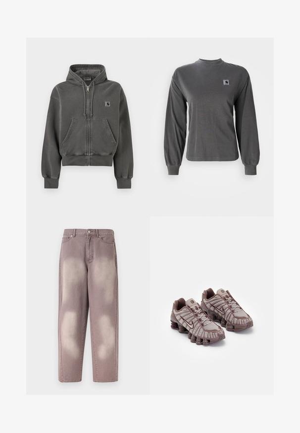 Dunkelgrauer Kapuzenpullover mit Reißverschluss, Fronttaschen, Kordelzug an der Kapuze, gerippten Bündchen und einem kleinen Carhartt-Logo-Patch auf der Brust.; Langärmliges graues T-Shirt aus Baumwolle, mit rundem Ausschnitt und elastischen Bündchen, mit einem kleinen quadratischen Logo auf der Brust.; Lila verblasste Jeans aus Denim mit hoher Taille, Knopfverschluss und zwei vorderen Taschen, auf einfachem Hintergrund dargestellt.; Nike Sportswear SHOX TL - Sneaker low - pumice/night maroon/plum eclipse