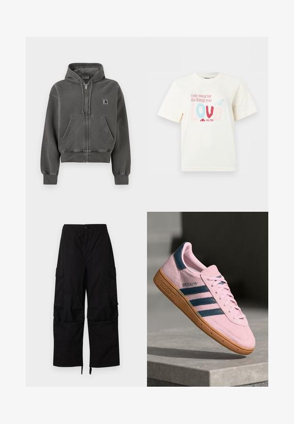 Tummanharmaa vetoketjullinen huppari, jossa etutaskut, kiristysnauhallinen huppu, resorit hihansuissa sekä pieni Carhartt-logopatch rintakehässä.; Valkoinen lyhythihainen t-paita, jossa teksti "Only sweat for the things you LOVE" punaisilla ja sinisillä kirjaimilla sekä himmeä tuolipiirros.; Musta cargo-housut, joissa on joustava vyötärönauha, napillinen suljenta, sivutaskut läpillä sekä leveät suorat lahkeet säädettävillä helmillä.; Vaaleanpunainen mokkanahkainen lenkkarit tummansinisin kolmella raidalla, kumipohjalla ja vaaleanpunaisilla nauhoilla. Sivussa on "SPEZIAL"-brändäys.