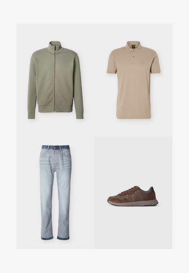 Herenjack in olijfgroen met ritssluiting, hoge kraag, geribbelde manchetten en zoom, en een subtiel "BOSS" logo op de borst.; Beige korte mouw polo met twee knopen en een klein reliëflogo op de linkerborst.; Lichtblauwe spijkerbroek met een donkerblauwe tailleband, rechte pijp, vijf zakken en zichtbare stiksel details.; Bruine sneaker met een mix van gladde en suède materialen, ronde neus, gestructureerde rubberen zool en contrasterende zwarte hakaccent.
