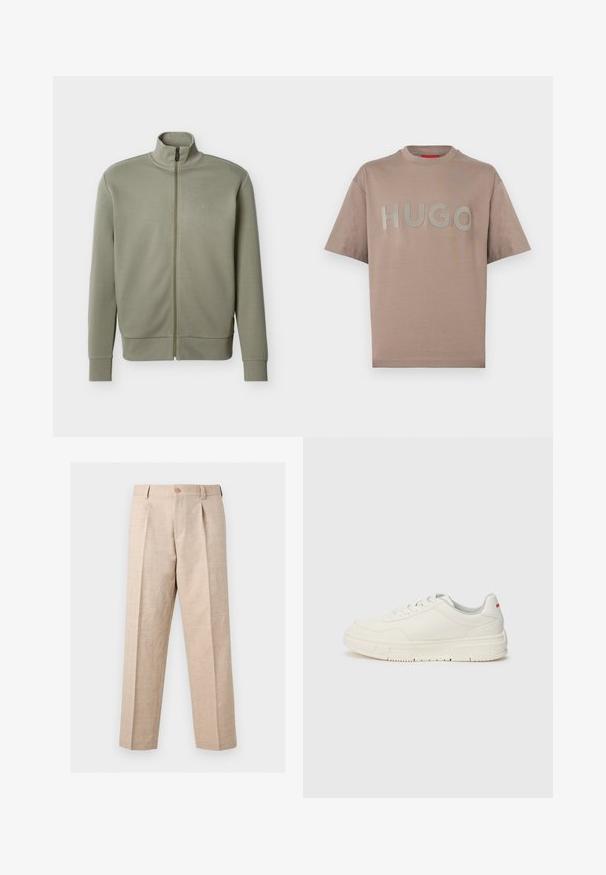 Herre olivengrøn lynlåstrøje med høj krave, ribstrikkede manchetter og kant, samt diskret "BOSS"-logo på brystet.; Beige T-shirt med korte ærmer og rund halsudskæring med stort præget "HUGO"-tekst tværs over brystet på ensfarvet baggrund.; Beige bukser med lige ben, plisseringer, knaplukning, bæltestropper og en skræddersyet pasform.; Hvide sneakers med en glat læderoverdel, rund tå, flade snørebånd og en struktureret gummisål. Der er en rød detalje på hælen.