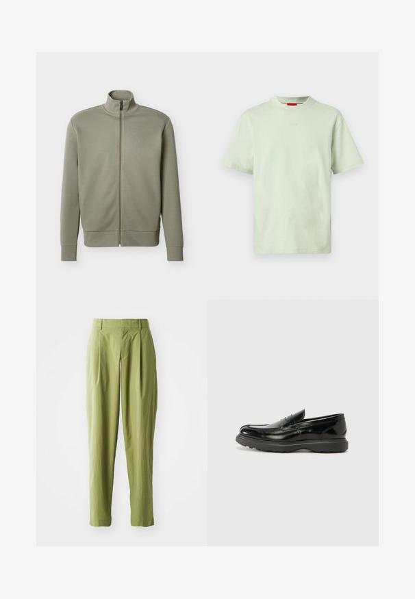 Chaqueta para hombre en verde oliva con cremallera, cuello alto, puños y dobladillo acanalados, y un sutil logo "BOSS" en el pecho.; Camiseta de manga corta color verde claro con cuello redondo, con un pequeño logotipo en el pecho y una etiqueta interior roja en el cuello, mostrada sobre un fondo liso.; Pantalones verdes claros hechos de una tela texturizada, con una forma recta, pliegues en la parte frontal y una cinturilla estándar.; Mocasín de cuero negro con un acabado brillante, punta redondeada, detalles de costura sutiles y una suela de goma gruesa para mayor durabilidad.