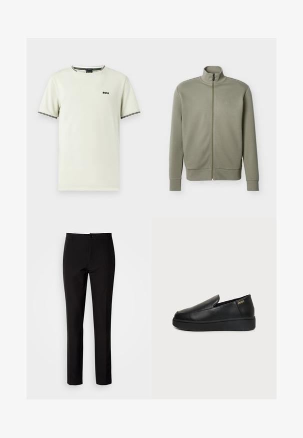 Veste zippée pour hommes de couleur vert olive, avec col montant, poignets et ourlet côtelés, et un logo "BOSS" discret sur la poitrine.; T-shirt à manches courtes en coton beige clair, avec un col rond, un logo noir, et des rayures contrastantes noires et blanches sur le col et les manches.; Pantalon noir en tissu lisse, avec coupe droite, fermeture à boutons sur le devant et poches latérales discrètes. Look simple et ajusté.; Chaussure noire en cuir à enfiler avec semelle épaisse et petits trous de ventilation latéraux, avec un logo doré "HUGO" près du talon.