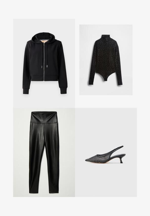 Musthave mustripsi musteri, millel on ees tõmblukk, kapuuts nööridega ja soonikust varrukad. Siluge tekstuur minimlaalse detailiga.; Musta leopardimustriga pikakäistega bodysuit, mis on valmistatud pehmest sametkangast, sellel on kõrge kaelus ja keha järgnev lõige, tagant thongi stiilis lõikega.; Mustad kunstnahast legginsid kõrge vöökohaga, omades siledat tekstuuri ja sobivat siluetti, ulatudes pahkluuni.; Must slingback-kõrge kontsaga king terava ninaga, võrgust pealsega, mis on kaunistatud väikeste hõbedaste naeltega, ja madala kumerdatud kontsaga.