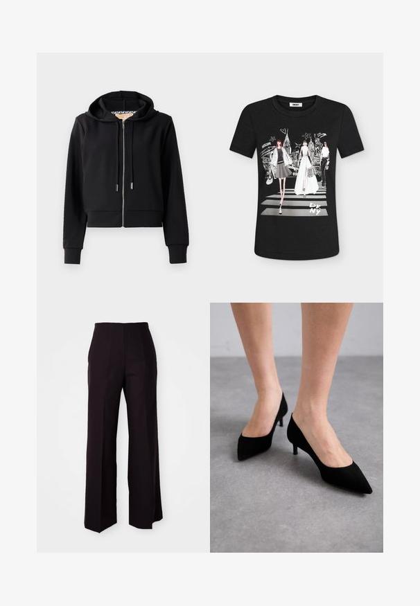 Musthave mustripsi musteri, millel on ees tõmblukk, kapuuts nööridega ja soonikust varrukad. Siluge tekstuur minimlaalse detailiga.; Kolm moodsaid naist kõnnivad linnas ülekäigurajal, taustal New Yorgi südalinna siluett ja musta T-särgi peal DKNY logo.; Mustad laiad püksid kõrge vöökohaga, sileda tekstuuriga ja peente esiseelikutega, kohandatud struktureeritud sobivuseks.; Mustadest sametist valmistatud terava ninaga kontsad, millel on õhuke, klassikaline keskmise kõrgusega konts ja lai avaus, esitatud paljaste jalgadega halli taustal.
