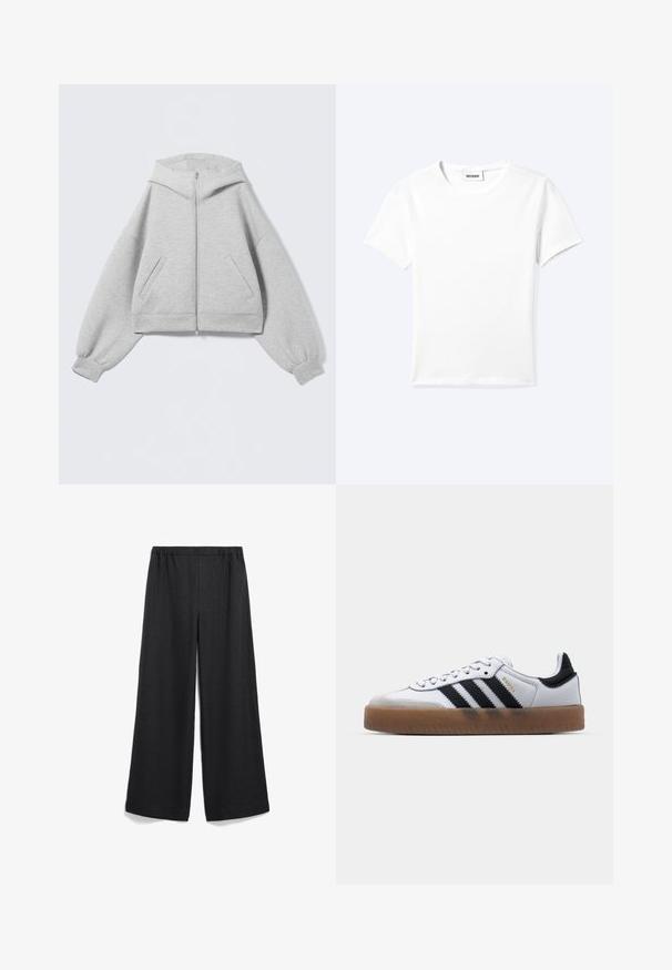 Lichtgrijze hoodie met rits, oversized mouwen, geribbelde manchetten, een capuchon en twee schuine zakken aan de voorkant.; Effen wit T-shirt met korte mouwen en ronde hals met een klein "WEEKDAY" label aan de binnenkant van de hals, plat neergelegd op een lichte achtergrond.; Ruime zwarte broek met een elastische tailleband. Gemaakt van lichte stof, met een zachte textuur en zonder zichtbare patronen of accenten.; Witte leren sneakers met zwarte strepen, gumrubberen buitenzool, ronde neus, vetersluiting en een zachte grijze suède neuskap.