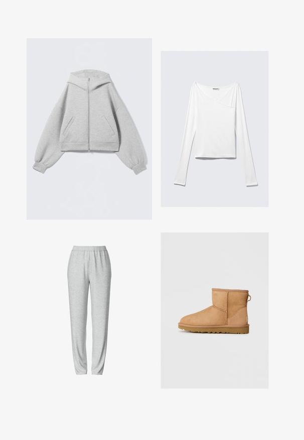 Sudadera con capucha y cremallera en gris claro, con mangas extragrandes, puños acanalados, capucha y dos bolsillos inclinados en la parte delantera.; Top blanco de manga larga con diseño cruzado y un bolsillo. Fabricado en una tela suave y elástica. Con un corte casual y relajado.; Pantalones de chándal grises con una cinturilla elástica, diseño de pierna ajustada, textura suave y sin patrones visibles ni detalles de hardware.; Botín de ante marrón con punta redonda, detalles de costura, tirador en la parte posterior y suela de goma texturizada. Diseñado para comodidad y calidez.