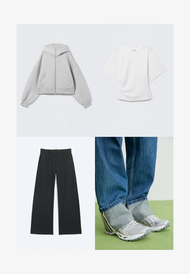 Lichtgrijze hoodie met rits, oversized mouwen, geribbelde manchetten, een capuchon en twee schuine zakken aan de voorkant.; Witte oversized T-shirt met korte mouwen en ronde hals, licht gerimpelde voorkant, getoond tegen een effen lichtgrijze achtergrond.; Zwarte broek met wijde pijpen en dunne witte krijtstrepen, met riemlussen, voorzakken en een onzichtbare voorsluiting.; Grijze sportieve schoenen van mesh materiaal met witte accenten, in combinatie met blauwe denim jeans die aan de enkels zijn omgeslagen.