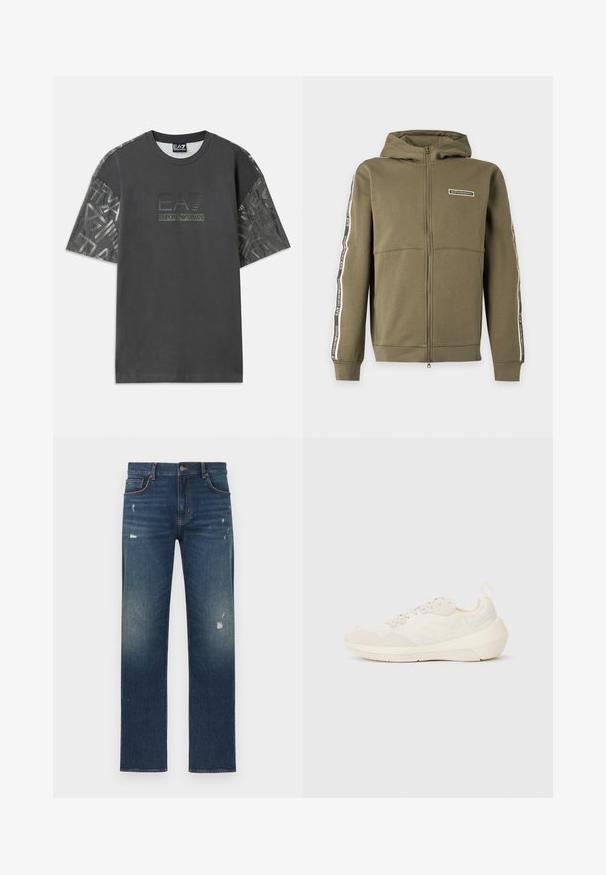 Olivengrøn lynlåstrøje med hætte, lange ærmer, sideløbende striber og EA7 Emporio Armani-logoer på bryst og ærmer.; Grå bomulds T-shirt med korte ærmer, der har et mønstret stof på ærmerne, samt et centralt logo med teksten "EA7 Emporio Armani."; Blå denimjeans med et lige ben-design, der har let slid og falmen, fem lommer og en knaplukning i taljen.; Emporio Armani Sneakers - off white
