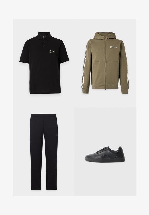 Sweat à capuche zippé vert olive avec capuche, manches longues, bandes latérales et logos EA7 Emporio Armani sur la poitrine et les manches.; Polo noir en coton, avec un col classique, trois boutons et un patch logo rectangulaire en or et noir.; Legging noir slim avec ceinture élastique, présenté à plat sur un fond blanc.; Chaussure de sport en cuir noir avec une finition lisse, bout arrondi, panneau latéral texturé et lacets noirs. Présente une semelle en caoutchouc plate et un design minimaliste.