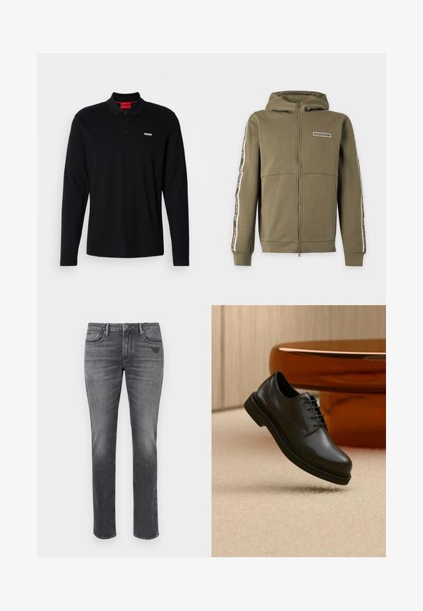 Olivgrüner Kapuzenpullover mit Reißverschluss, langen Ärmeln, seitlichen Streifen und EA7 Emporio Armani Logos auf Brust und Ärmeln.; Schwarzes Longsleeve-Polohemd aus Baumwolle mit rotem Kragen und Drei-Knopf-Leiste, ausgestattet mit einem weißen "HUGO"-Logo auf der Brust.; Graue Denim-Jeans mit schmaler Passform, dezentem Fading, fünf Taschen und einem kleinen Logo auf der hinteren Tasche. Standardmäßiges gerade geschnittenes Design.; Schwarzer Leder-Schnürschuh, der über einem beigen Teppich schwebt, mit einem glänzenden braunen abgerundeten Objekt im Hintergrund.