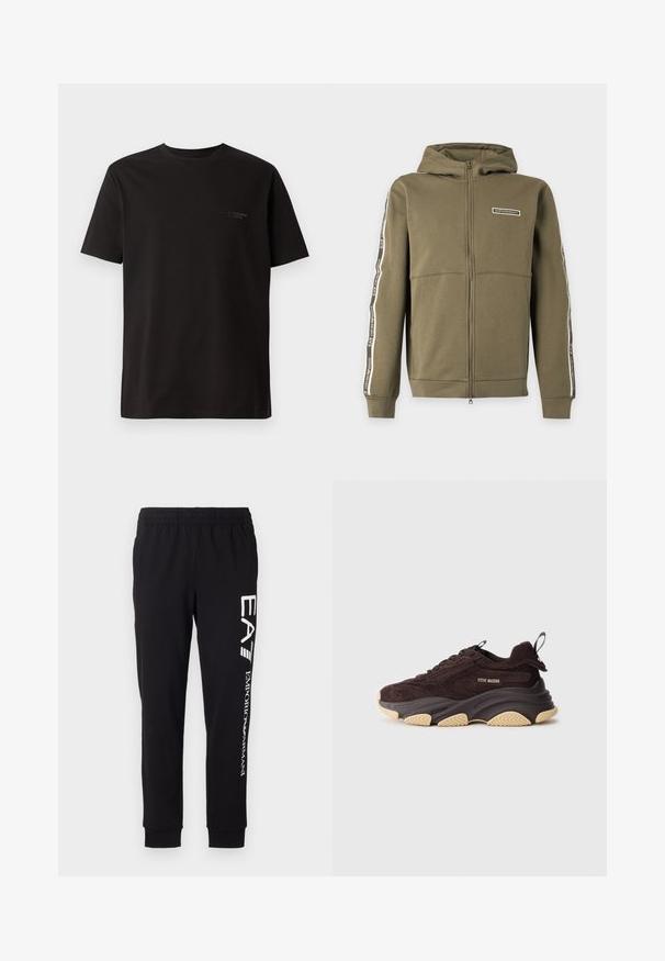 Olivengrøn lynlåstrøje med hætte, lange ærmer, sideløbende striber og EA7 Emporio Armani-logoer på bryst og ærmer.; Sort kortærmet t-shirt lavet af bomuld. Har en rund halsudskæring og diskret branding på venstre brystområde. Glat tekstur.; Sorte sweatpants lavet af strækbart stof. Har en elastisk talje, tapered manchetter og hvid branding på venstre ben.; Mørkebrun sneakers har en blanding af ruskind og mesh-materialer. Kraftig gummisål i beige med et struktureret mønster og en løkke ved hælen.