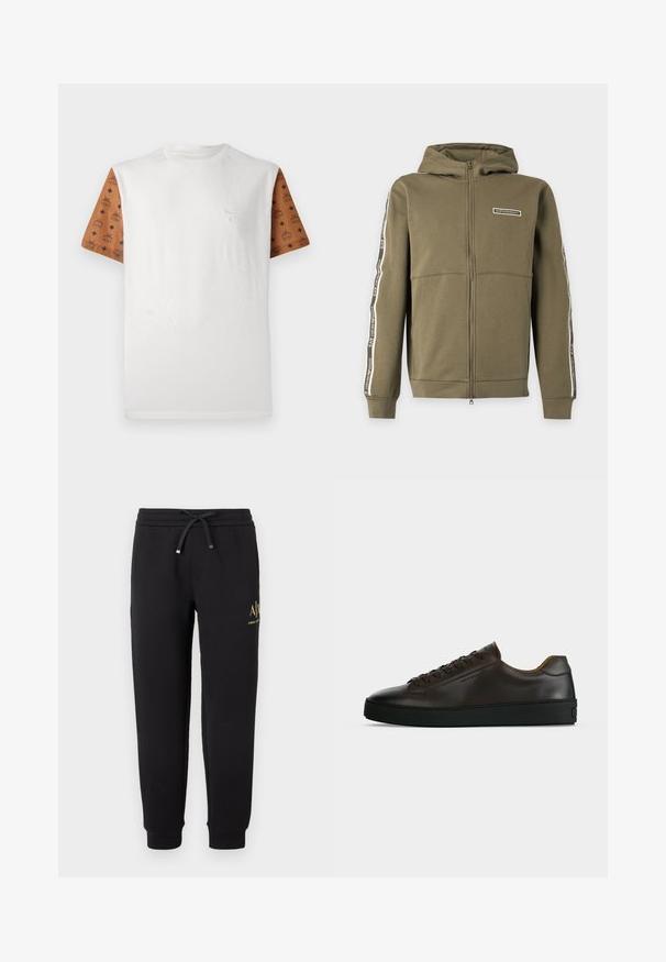 Sweat à capuche zippé vert olive avec capuche, manches longues, bandes latérales et logos EA7 Emporio Armani sur la poitrine et les manches.; T-shirt à manches courtes avec un corps blanc et des manches marron à motif présentant un design répétitif en noir. Logo détaillé sur la poitrine.; Pantalon de jogging noir avec taille élastique et cordon, chevilles retournées et petit logo doré "A|X Armani Exchange" sur la cuisse droite.; Baskets basses en cuir marron foncé avec semelle en caoutchouc noire, lacets à l'avant et design minimaliste épuré sur fond clair.