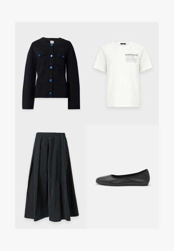 Cardigan noir à manches longues avec col rond, deux poches à l'avant et six boutons-pression bleus au centre devant.; T-shirt blanc à manches courtes avec le texte "weekend" et sa définition imprimés sur la partie supérieure gauche de la poitrine.; Pantalon noir à jambes larges plissé avec une ceinture élastique, fabriqué en tissu léger, suspendu sur un fond blanc uni.; Ballerines en cuir noir avec un bout rond, texture lisse, détails de couture minimalistes et design de semelle flexible.
