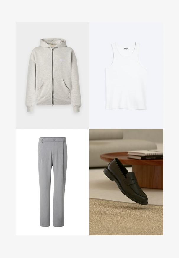 Sudadera con capucha de cremallera completa en gris claro con bolsillos delanteros, puños y dobladillo acanalados, y texto blanco "the new originals" en el lado izquierdo del pecho.; Camiseta sin mangas blanca con cuello redondo y etiqueta de la marca Weekday en el interior del cuello trasero, mostrada plana sobre un fondo claro.; Pantalones gris claro de pierna recta con botón y trabillas, mostrados de frente sobre un fondo blanco.; Zapato mocasín de cuero negro mostrado en el aire sobre una alfombra beige tejida, con una mesa de madera y libros apilados en una sala de estar con luz suave.