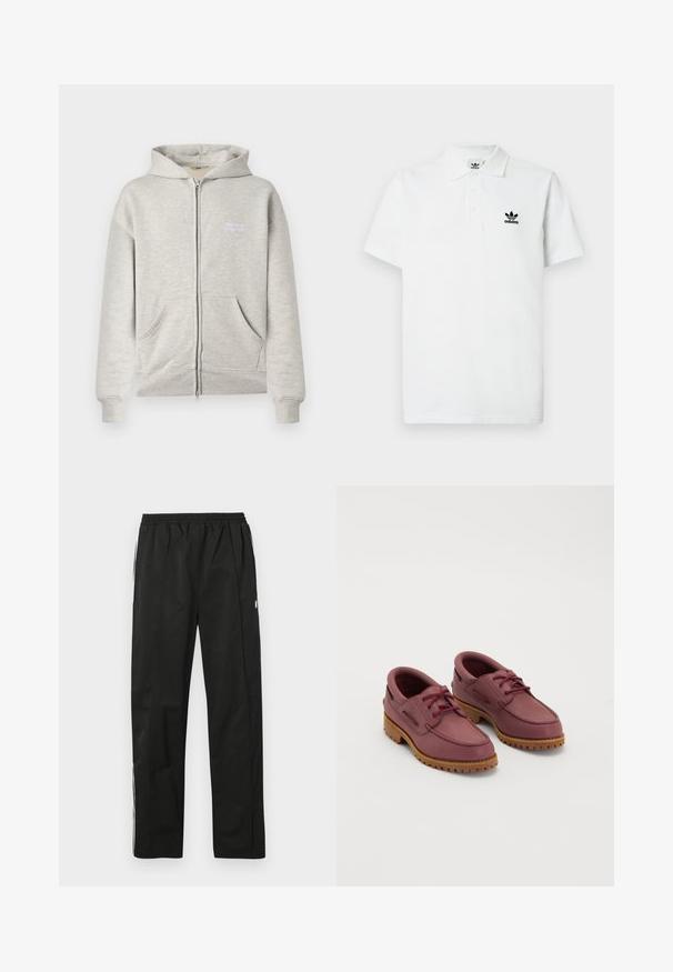 Sudadera con capucha de cremallera completa en gris claro con bolsillos delanteros, puños y dobladillo acanalados, y texto blanco "the new originals" en el lado izquierdo del pecho.; Polo de algodón blanco con cuello clásico, tapeta de tres botones y logo de Adidas bordado en negro en el pecho izquierdo. Manga corta.; Pantalones deportivos negros con cintura elástica, corte recto, detalles de cremalleras laterales y franjas blancas a los lados. Textura suave.; Un par de zapatos de barco de cuero marrón oscuro con suelas de goma gruesas color beige y cordones rojos sobre un fondo blanco.