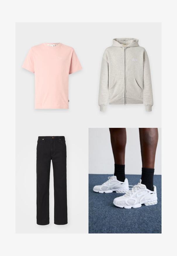 Sudadera con capucha de cremallera completa en gris claro con bolsillos delanteros, puños y dobladillo acanalados, y texto blanco "the new originals" en el lado izquierdo del pecho.; Camiseta de algodón rosa con cuello redondo, mangas cortas y un pequeño logo blanco en el área del lado izquierdo del pecho. Textura suave y diseño sencillo.; Vaqueros de denim negros de pierna recta con bolsillos delanteros, trabillas para el cinturón y cierre de botón sobre un fondo liso.; Zapatillas deportivas blancas con parte superior de malla, acentos texturizados y suela acolchada. Combinadas con calcetines cortos de canalé negros sobre una superficie de moqueta azul.
