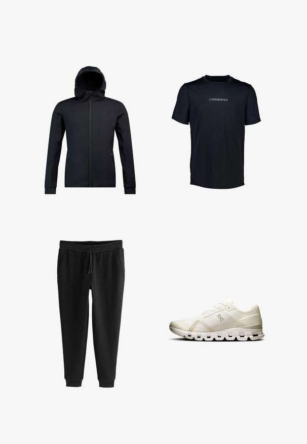 Sort zip-up jakke med hætte, lavet af glat, strækbart materiale. Har lange ærmer og lynlåslommer på siderne.; Sort kortærmet t-shirt lavet af letvægtsstof, med rund hals og et trykt mærkenavn "LINDBERGH" på forsiden.; Sorte tilspidsede joggingbukser med elastik i taljen, snøre, sidelommer og manchetter ved anklerne, lagt fladt på hvid baggrund.; Hvid sportsko med en åndbar mesh-overdel, minimalistisk design og en polstret sål med forlængede udsparinger for støtte.