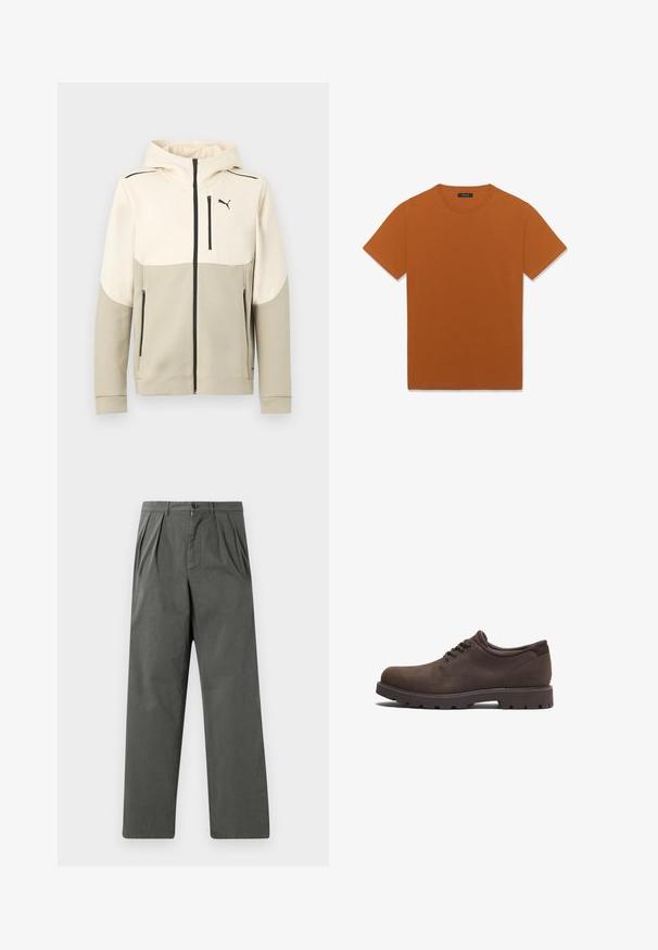 Tofarvet beige hættetrøje med lynlås, brystlomme foran, sidelommer, sorte lynlåse og en lille Puma-logo på venstre bryst.; Kortærmet t-shirt med rund hals i brændt orange bomuldsstof, der har et rent design og en glat tekstur med minimale syningsdetaljer.; Lettrene, plisserede bukser i mørkegrå bomuld med en lige ben design. Har en frontknaplukning og bæltestropper.; Brune lædersko med rund tå og snørebåndsdesign. Har en tekstureret overflade og en gummisål med høj trækkraft. Diskret logo på siden.