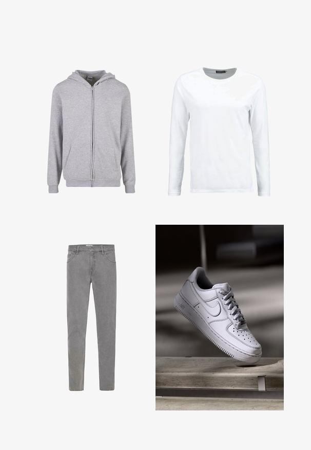 Šedá mikina s kapucňou na zips vyrobená z mäkkej zmesi bavlny, s predným zipsom, dvoma bočnými vreckami, elastickými manžetami a kapucňou so sťahovacou šnúrkou.; Biela dlhá tričko s dlhým rukávom vyrobené z bavlny, s okrúhlym výstrihom a hladkou textúrou. Bez vzorov a akcentov. Jednoduchý dizajn.; Sivé džínsy s užším strihom, piatimi vreckami, pútkami na opasok a jedným gombíkom na zapínanie. Textúra je mierne opotrebovaná pre uvoľnený vzhľad.; Biely kožený teniska Nike Air Force 1 má perforovanú špičku, ploché šnúrky a štruktúrovanú gumovú podrážku s nápisom „AIR“ na boku.