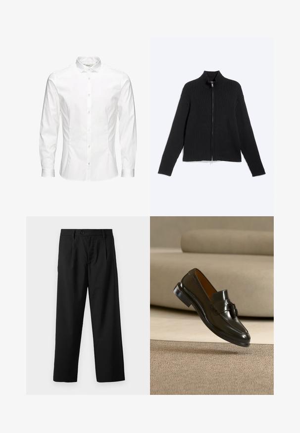 Casaco castanho preto canelado de malha, com mangas compridas, colarinho alto e fecho de correr frontal, sobre fundo liso claro.; Camisa branca de mangas longas com botões, feita de um tecido liso. Apresenta um colarinho clássico, botões na frente e punhos com um botão. Design ajustado.; Calças pretas com corte reto, apresentando um fecho de botão único, dois bolsos frontais e um tecido suave e leve.; Sapato mocassim de couro preto com tassel flutuando acima de um tapete bege, com um sofá bege ao fundo.