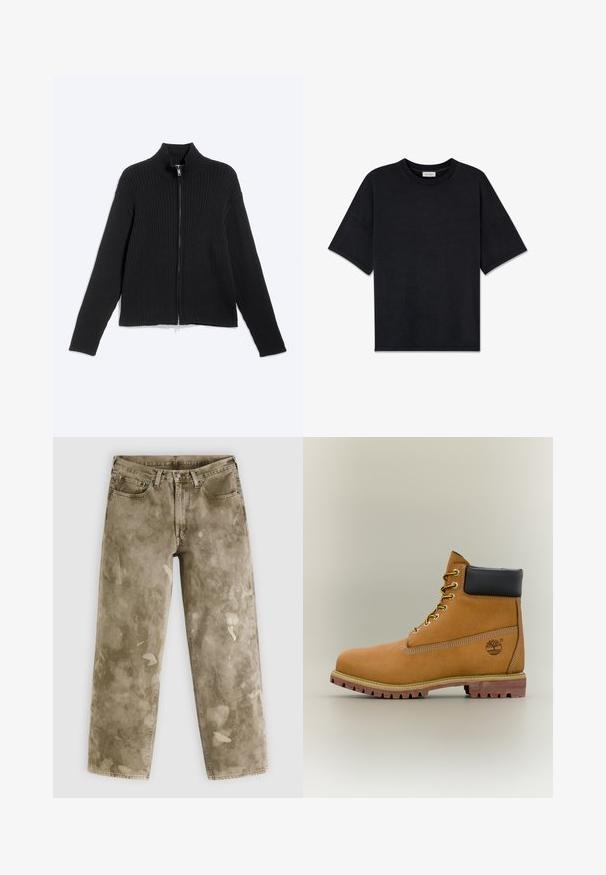 Veste noire en maille côtelée à manches longues avec col montant et fermeture éclair frontale sur un fond clair uni.; T-shirt noir à manches courtes en coton doux, avec un col rond et une coupe décontractée. Texture lisse sans motifs ni accents visibles.; Jean large couleur kaki avec une texture usée, présentant des éclaboussures de peinture claires et un design à cinq poches. Confectionné en denim.; Bottine en cuir marron avec col noir, lacets jaunes et semelle beige. Présente un logo et des détails de couture blanche. Semelle extérieure à traction robuste.