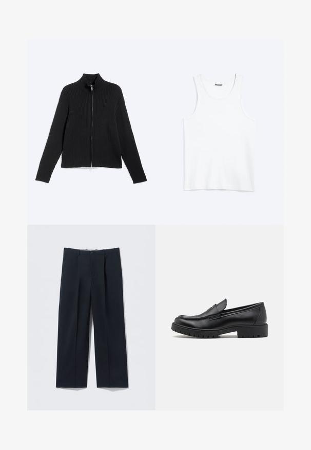 Veste noire en maille côtelée à manches longues avec col montant et fermeture éclair frontale sur un fond clair uni.; Débardeur blanc sans manches avec col rond et étiquette de la marque Weekday à l'intérieur du col arrière, présenté à plat sur un fond clair.; Pantalon bleu marine foncé en tissu lisse, avec une coupe ajustée, deux poches avant et une fermeture par bouton.; Mocassins en cuir noir avec un bout arrondi, un design à enfiler et une semelle en caoutchouc épaisse avec une texture antidérapante. Talon surélevé et détails de surpiqûre subtils.