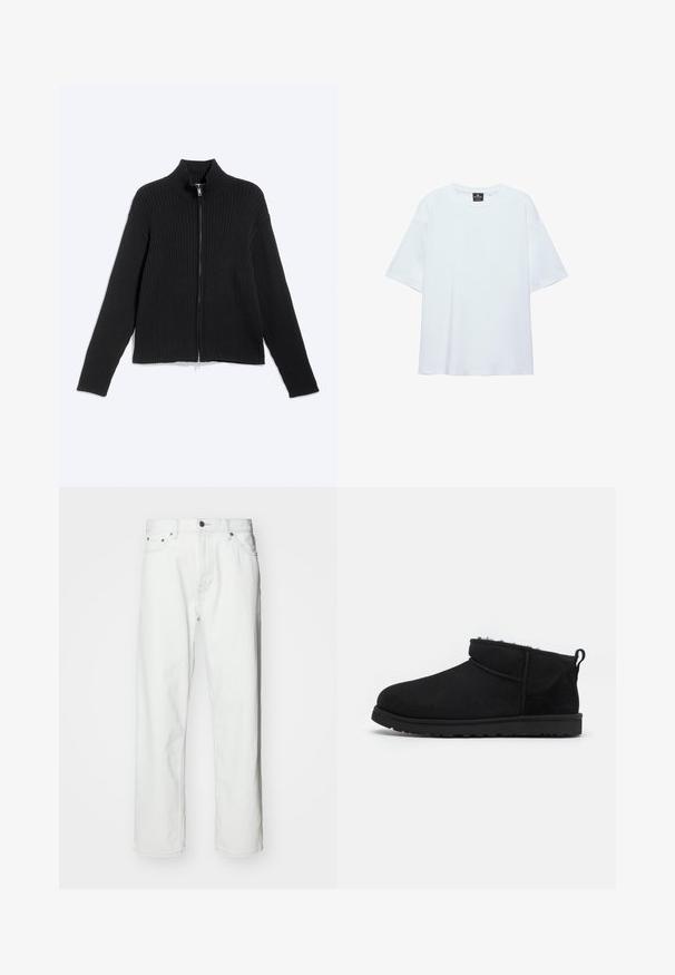 Zwarte geribde gebreide lange mouwen jas met hoge kraag en rits aan de voorkant op een effen lichte achtergrond.; Effen witte oversized T-shirt met korte mouwen, ronde halslijn en een zwart label aan de binnenkant van de kraag, op een witte achtergrond.; Witte denim jeans met een rechte snit, vijf-pocket ontwerp, knoopsluiting en subtiele stikseldetails. Gladde textuur en minimalistische stijl.; Zwarte suède enkellaarsjes met een zachte, gestructureerde voering, een lage rubberen zool en een lus aan de achterkant voor gemakkelijk aantrekken.