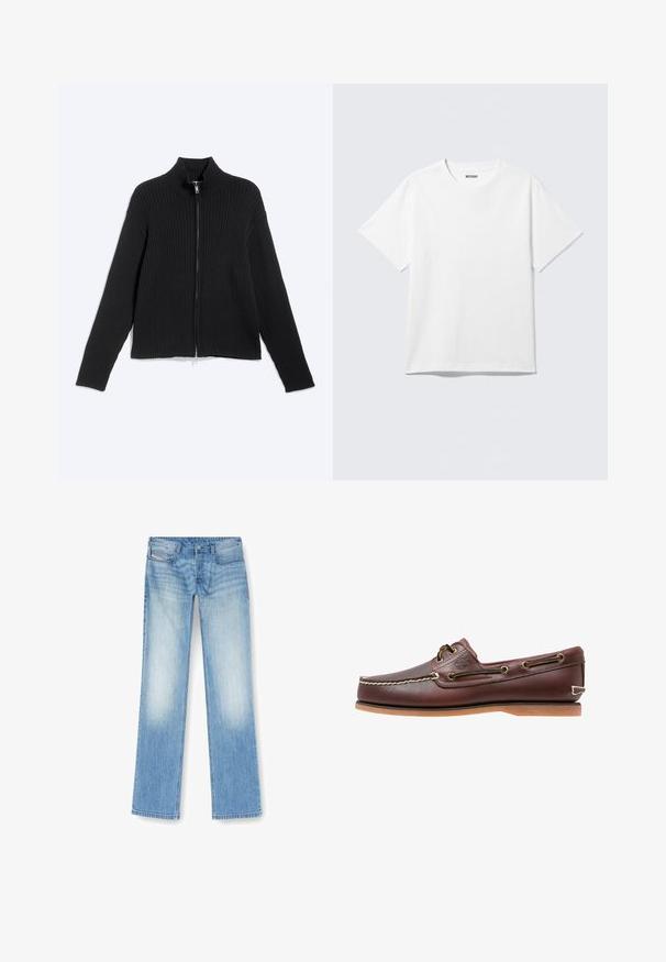 Zwarte geribde gebreide lange mouwen jas met hoge kraag en rits aan de voorkant op een effen lichte achtergrond.; Witte T-shirt met korte mouwen en ronde hals, plat gelegd, effen ontwerp, met een "WEEKDAY" label in de kraag op een lichte achtergrond.; Lichtblauwe rechte jeans gemaakt van denim, met een vervaagde afwerking, vijf-pocket ontwerp en zichtbare stiksels langs de naden.; Bruine leren bootschoen met witte stiksels, veterdetails en beige rubberen zool, zijaanzicht op een witte achtergrond.