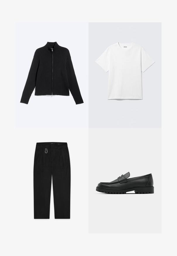 Veste noire en maille côtelée à manches longues avec col montant et fermeture éclair frontale sur un fond clair uni.; T-shirt blanc à manches courtes et col rond, étalé à plat, design uni, avec l'étiquette "WEEKDAY" à l'intérieur du col sur un fond clair.; Pantalon noir à coupe droite, doté d'un clip en métal argenté et de deux poches latérales. Fabriqué en tissu lisse.; Mocassins en cuir noir à bout arrondi, avec un design cousu, une semelle plateforme basse et une semelle en caoutchouc texturée et crantée.