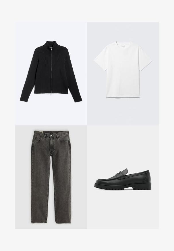 Veste noire en maille côtelée à manches longues avec col montant et fermeture éclair frontale sur un fond clair uni.; T-shirt blanc à manches courtes et col rond, étalé à plat, design uni, avec l'étiquette "WEEKDAY" à l'intérieur du col sur un fond clair.; Jean droit noir délavé avec cinq poches, fermeture à bouton et passants de ceinture, posé à plat sur un fond blanc.; Mocassins en cuir noir à bout arrondi, avec un design cousu, une semelle plateforme basse et une semelle en caoutchouc texturée et crantée.
