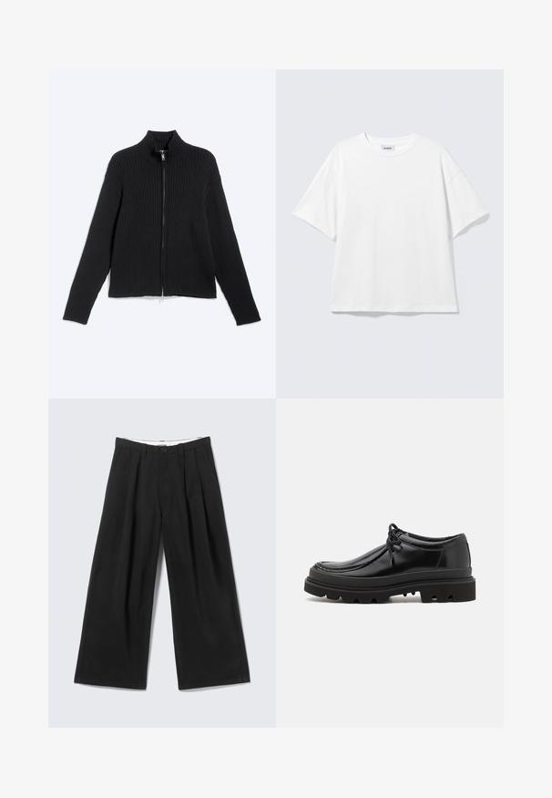 Sort ribstrikket jakke med lange ærmer, høj krave og lynlås foran på ensartet lys baggrund.; Hvid oversized t-shirt med korte ærmer og rund halsudskæring med sænkede skuldre, fladt lagt på lys grå baggrund.; Sorte bukser med vide ben, læg, bæltestropper og en knaplukning, vist mod en lys grå baggrund.; Sorte læder derby-sko med et strømlinet design, rund tå og struktureret gummisål med dybe riller for bedre greb.