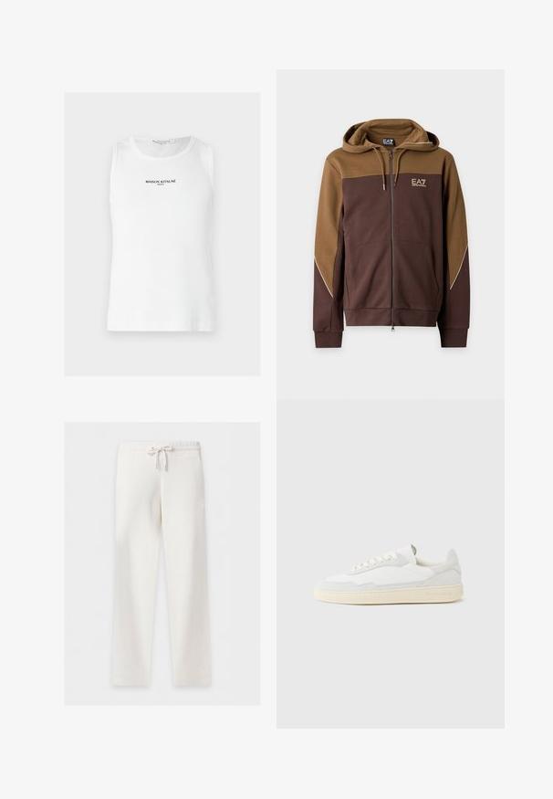 Sweat à capuche zippé marron et beige avec logo EA7 Emporio Armani sur la poitrine, poches avant et cordon à la capuche.; Débardeur blanc côtelé sans manches avec l’inscription « MAISON KITSUNÉ PARIS » imprimée en noir, centrée sur la poitrine.; Pantalon blanc en maille avec cordon de serrage, taille élastique et jambes droites, présenté sur un fond uni.; Baskets blanches avec dessus en daim et cuir texturé. Caractérisées par un bout arrondi, une fermeture à lacets et une semelle en caoutchouc beige contrastante.