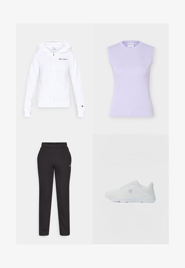 Sudadera con capucha blanca con cremallera, hecha de material suave, con bolsillo frontal, capucha con cordón y logotipo azul marino de Champion en el pecho izquierdo.; Top lilac sin mangas con textura acanalada, cuello redondo y un sutil logo bordado de Champion en el pecho izquierdo.; Pantalones deportivos negros hechos de una tela suave, con una cintura elástica, piernas rectas y un pequeño logo en el costado.; Zapatillas deportivas blancas con parte superior de malla texturizada, cuello acolchado y logo en contraste en el costado. Cuenta con una suela de goma ligera.