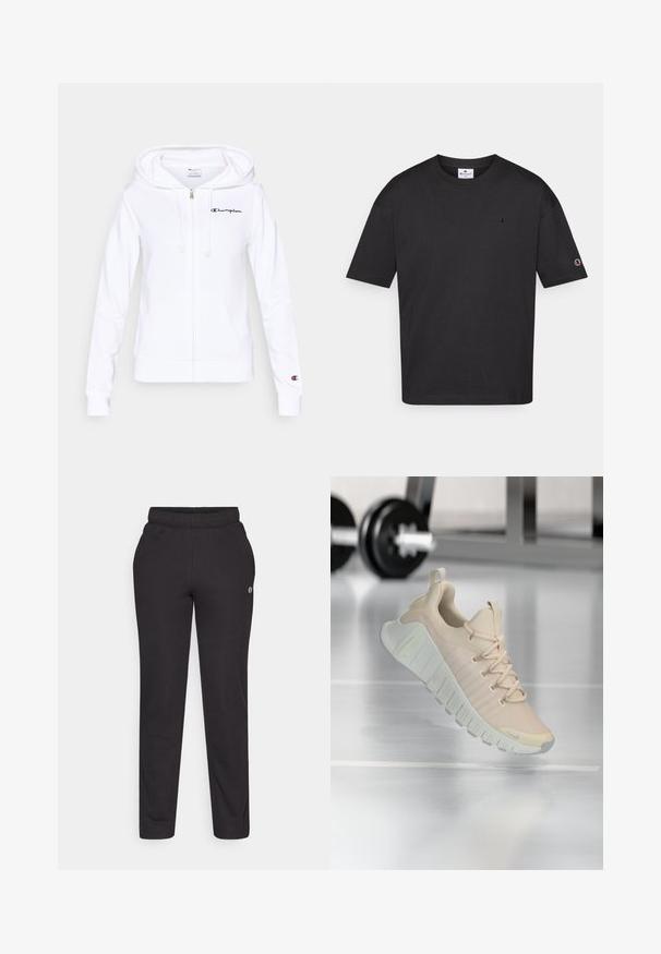 Witte hoodie met ritssluiting, gemaakt van zacht materiaal, met een voorzak, trekkoord in de capuchon en een marineblauw Champion-logo op de linkerborst.; Zwarte katoenen t-shirt met een ronde hals, korte mouwen en een klein geborduurd logo op de borst en mouw. Gladde textuur, casual pasvorm.; Zwarte sweatpants van zachte stof, met een elastische tailleband, rechte benen en een klein logo aan de zijkant.; Lichtgewicht sneaker in een zachte beige kleur. Heeft een gestructureerd bovenwerk, platte veters en een dikke, geribbelde zool met subtiele merkaccenten.