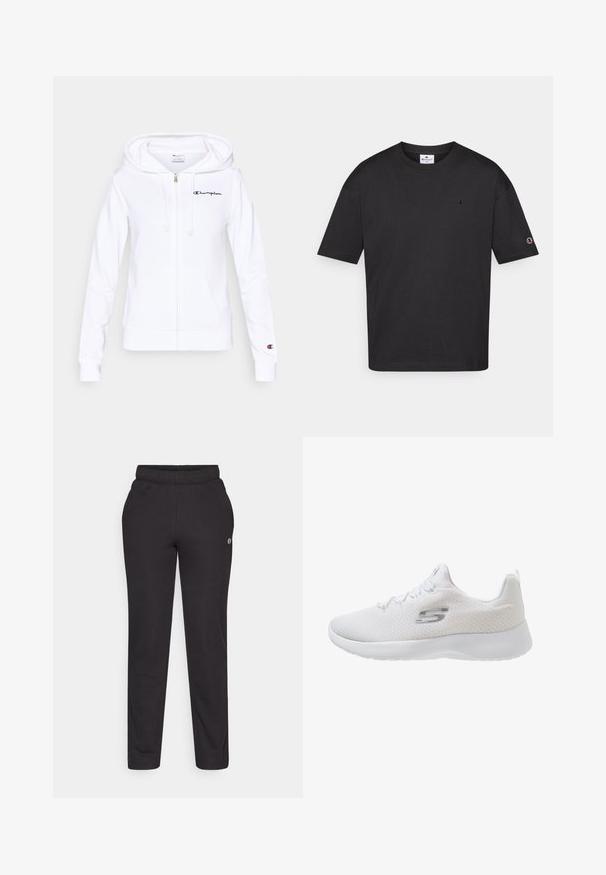 Sudadera con capucha blanca con cremallera, hecha de material suave, con bolsillo frontal, capucha con cordón y logotipo azul marino de Champion en el pecho izquierdo.; Camiseta de algodón negro con cuello redondo, mangas cortas y un pequeño logo bordado en el pecho y la manga. Textura suave, ajuste casual.; Pantalones deportivos negros hechos de una tela suave, con una cintura elástica, piernas rectas y un pequeño logo en el costado.; Skechers DYNAMIGHT 2.0 - Zapatillas - white