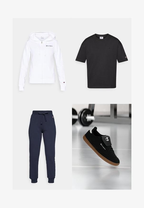 Hvid hættejakke med lynlås lavet af blødt materiale, der har en lomme foran, hætte med snøre og navyblåt Champion-logo på venstre bryst.; Sort bomulds T-shirt med rund hals, korte ærmer og et lille broderet logo på brystet og ærmet. Glat tekstur, afslappet pasform.; Mørkeblå sweatpants lavet af en bomulds-blanding, med snor i taljen, ribbede manchetter og et lille logo på hoften.; Sort og brun Champion-sneakers svævende i luften i et fitnessmiljø med en sløret vægtstang i baggrunden.
