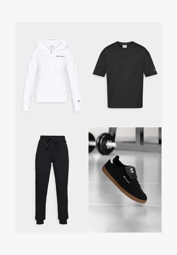 Sudadera con capucha blanca con cremallera, hecha de material suave, con bolsillo frontal, capucha con cordón y logotipo azul marino de Champion en el pecho izquierdo.; Camiseta de algodón negro con cuello redondo, mangas cortas y un pequeño logo bordado en el pecho y la manga. Textura suave, ajuste casual.; Pantalones de chándal negros con cintura ajustable, puños acanalados y un discreto parche con logotipo en la cadera. Hechos de un material suave y elástico.; Zapatilla Champion negra y marrón suspendida en el aire en un gimnasio, con una barra de pesas desenfocada en el fondo.