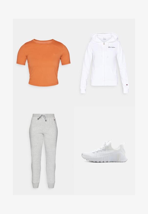 Witte hoodie met ritssluiting, gemaakt van zacht materiaal, met een voorzak, trekkoord in de capuchon en een marineblauw Champion-logo op de linkerborst.; Korte mouwen, crop oranje T-shirt van gladde stof. Heeft een ronde hals en een klein logo op de linker voorkant.; Grijze sweatpants van zacht materiaal, met een elastische tailleband met trekkoord, taps toelopende pijpen en ribgebreide manchetten.; Witte sportschoen met een gestructureerde bovenkant, platte vetersluiting en een opvallende rubberen zool met verticale groeven. Bevat een logo aan de zijkant.